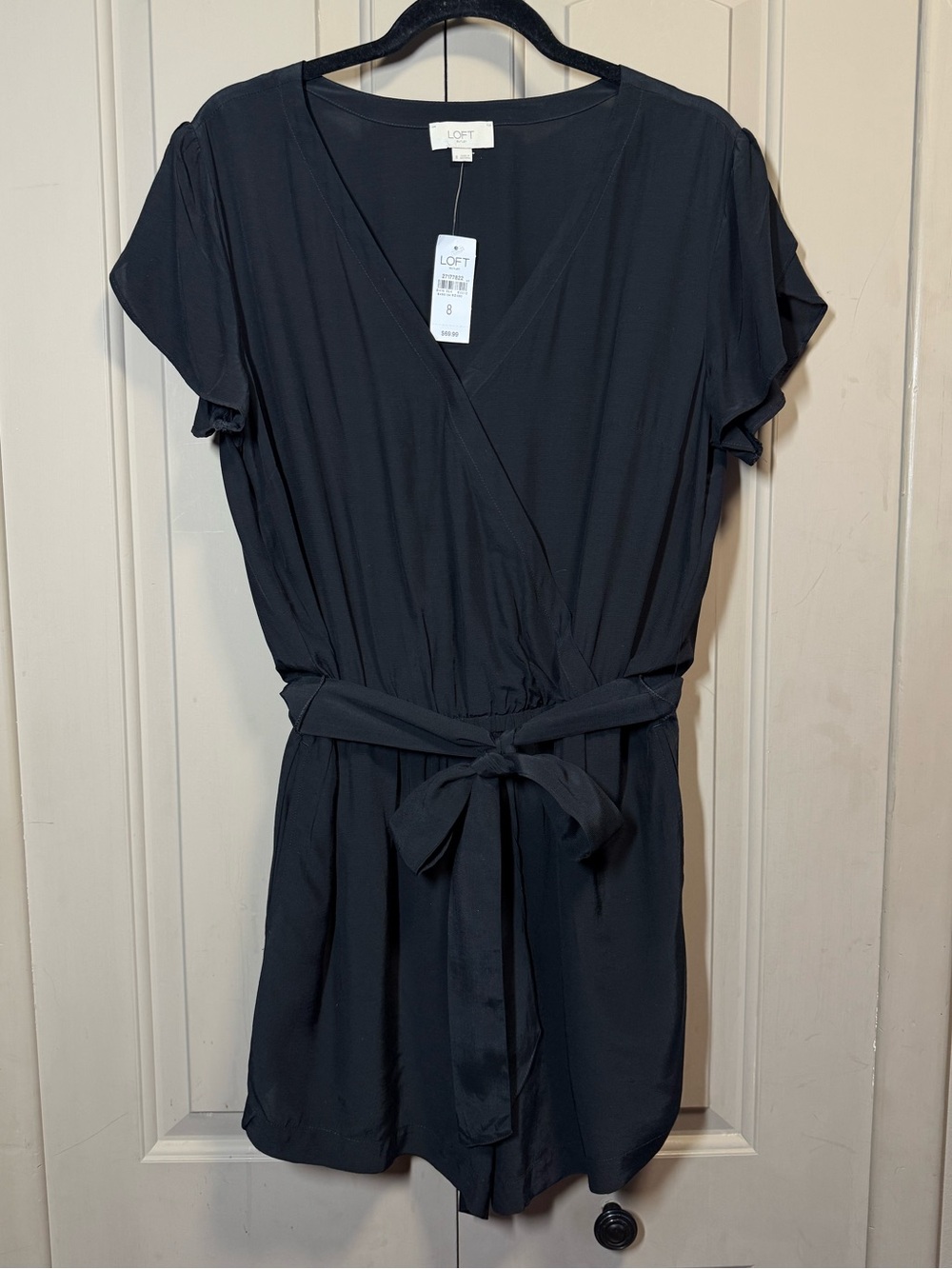 LOFT Black Short-Sleeve Wrap Romper with Tie Waist